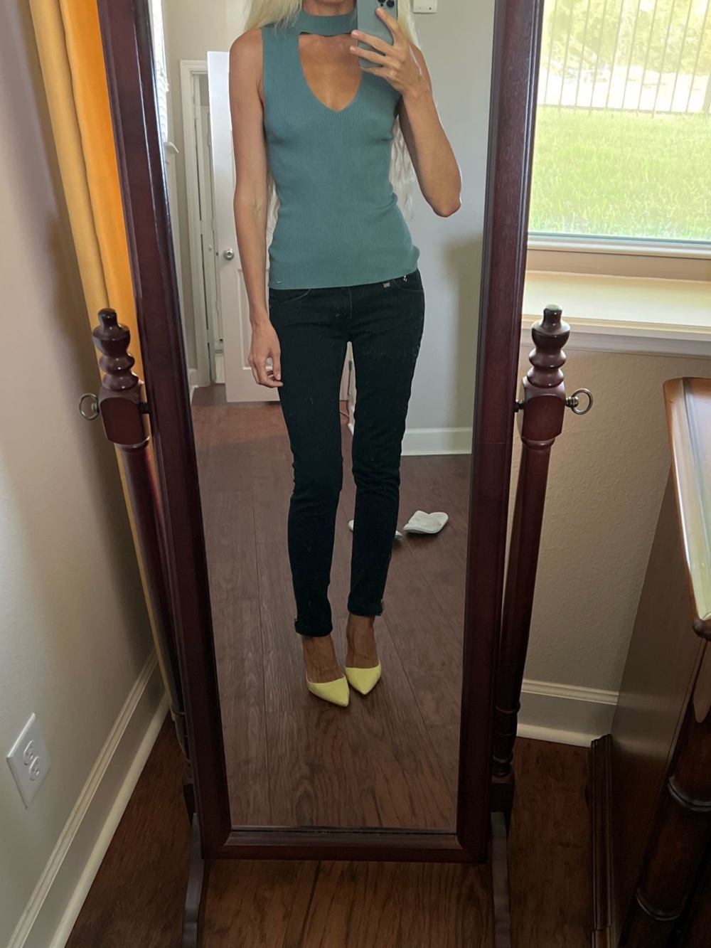 Guess Ribbed V-Neck Sleeveless Tank Top - Teal Blue
